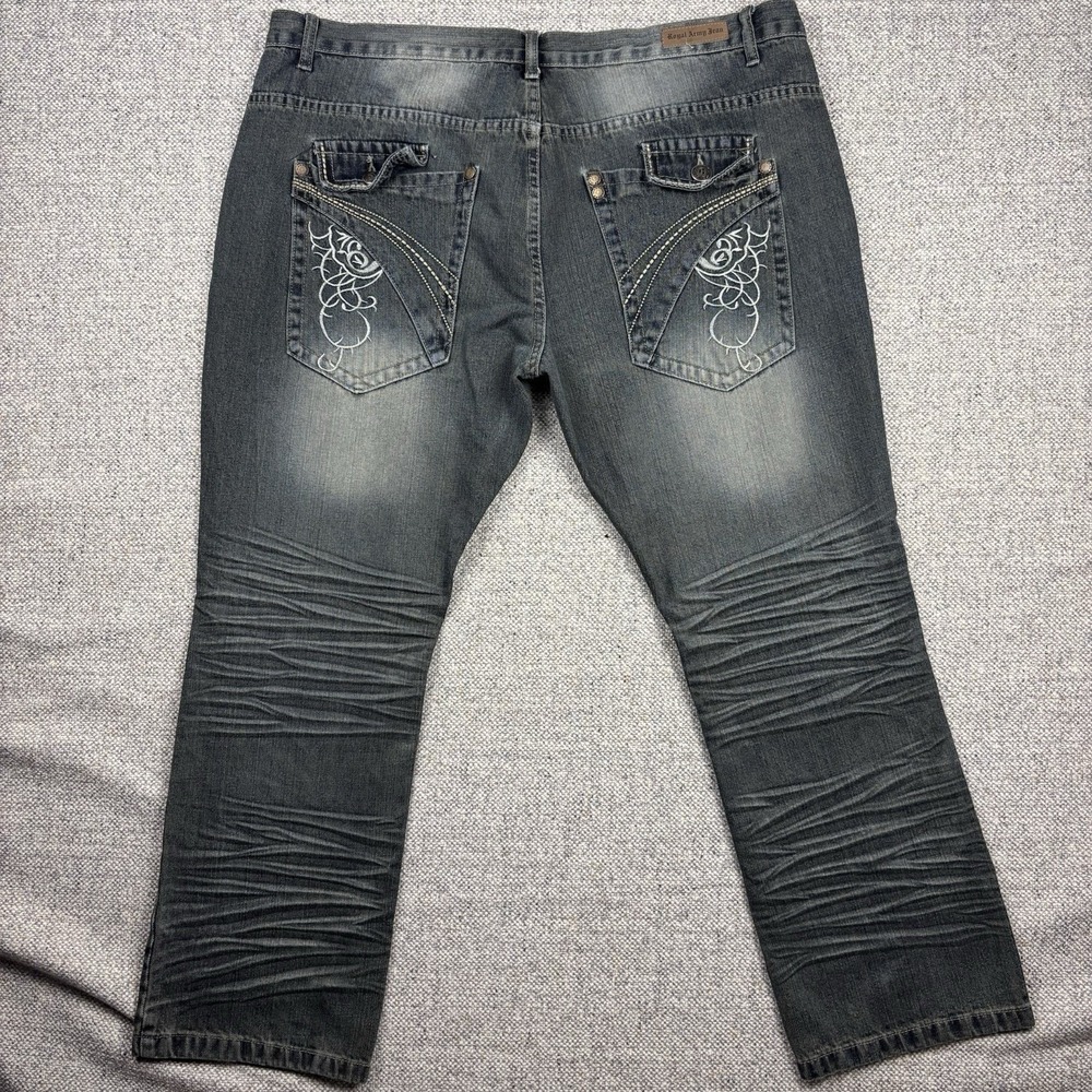 Royal Army Jeans Mens Sz 42X30 Dark Denim Blue Embroidered Pockets Baggy Y2K